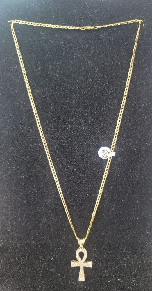10K Two Tone 9.4 g Flat Cuban Link Chain With Ankh Charm 24"