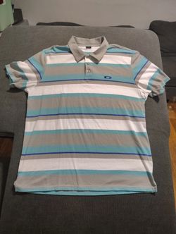 OAKLEY Men's Polo Size XL White/Blue Stripes Embroidered Logo EUC