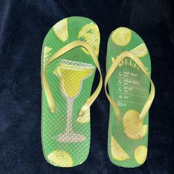Green & yellow margarita themed flip flops size 7
