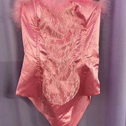 Stunning Pink Lace Silk Feather Fluffy Corset Body Suit 