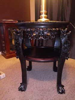 Carved Marble Cherrywood Plant Stand/end Table