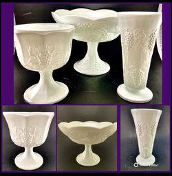 3 PC VTG Indiana Milk Glass Colony Harvest Grape Footed Compote, Planter, Vase