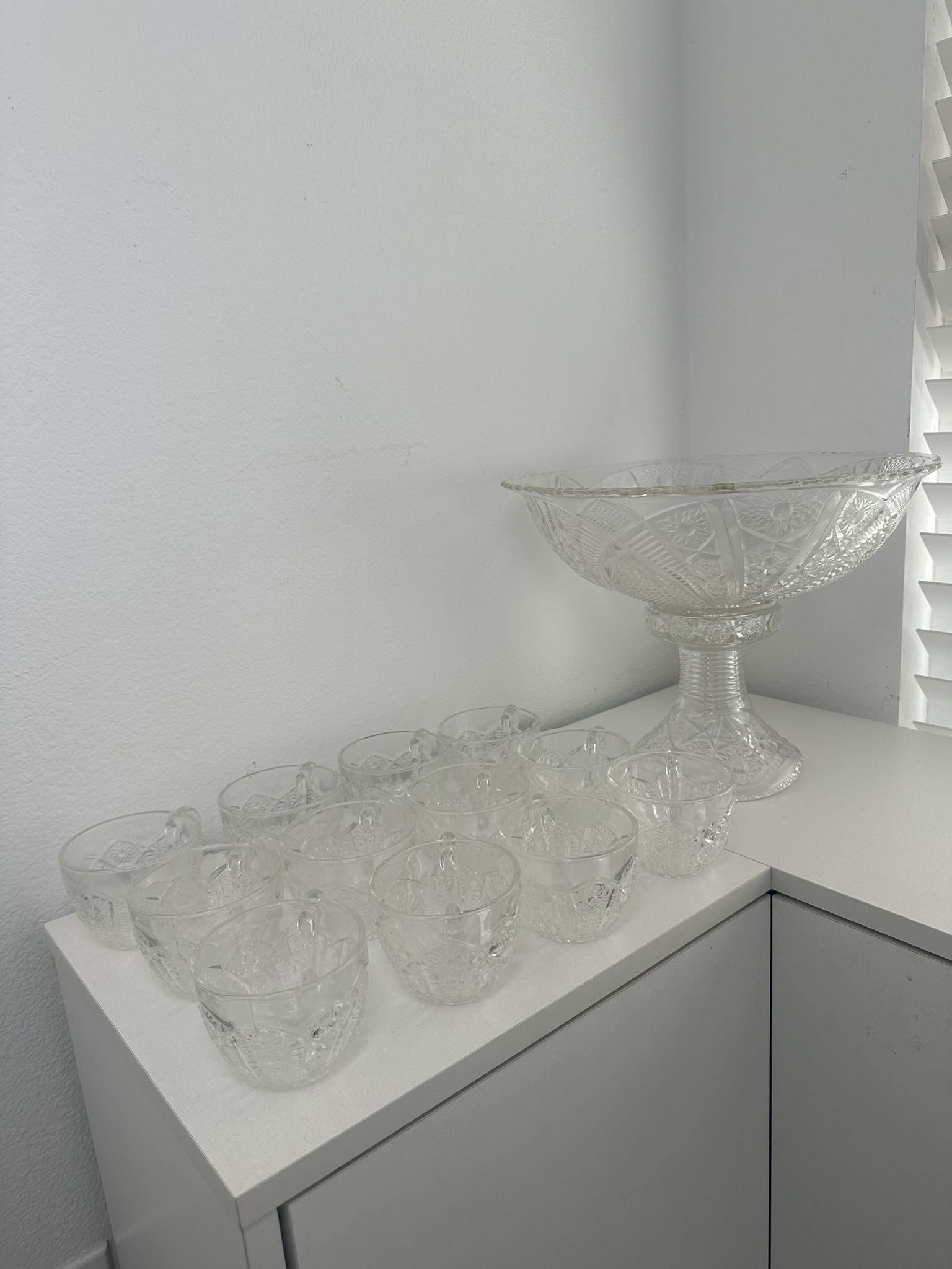 Pedestal Punch Bowl Set 12 Cups Indiana Glass Clear Paneled Daisy and Finecut