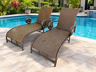 $225 for both! Delivery Available! Two Wicker Woven Island Chaise Lounge Cast Aluminum Sun Chairs! Some cosmetic wear. Sturdy. 92x32in