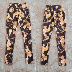 Agnes & Dora Black Yellow Orange Floral Print Moto Leggings Women Size Small