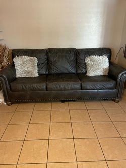 Dark Brown Leather Sofa with Nailhead Trim