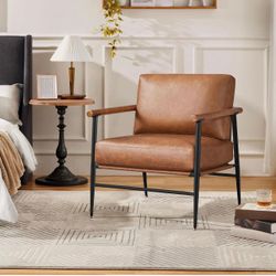 Accent Chair, PU Leather Living Room Chair Back Pillow Modern Lounge Chair Wooden Arms Metal Frame Bedroom Waiting Room Retro Brown
