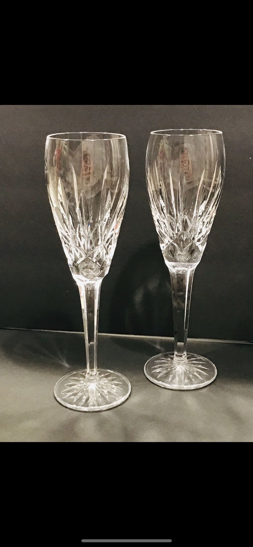 Vintage WATERFORD Ballymore Pair of Crystal Champagne Flutes 8.25”.