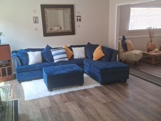 Royal Blue Sectional with Ottoman