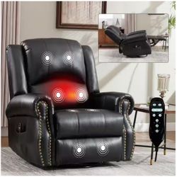 CHINO-Black 360° Faux Leather Manual Swivel Rocker Recliner Chair with Massage and Heat, Nailhead Trim, Side Pocket