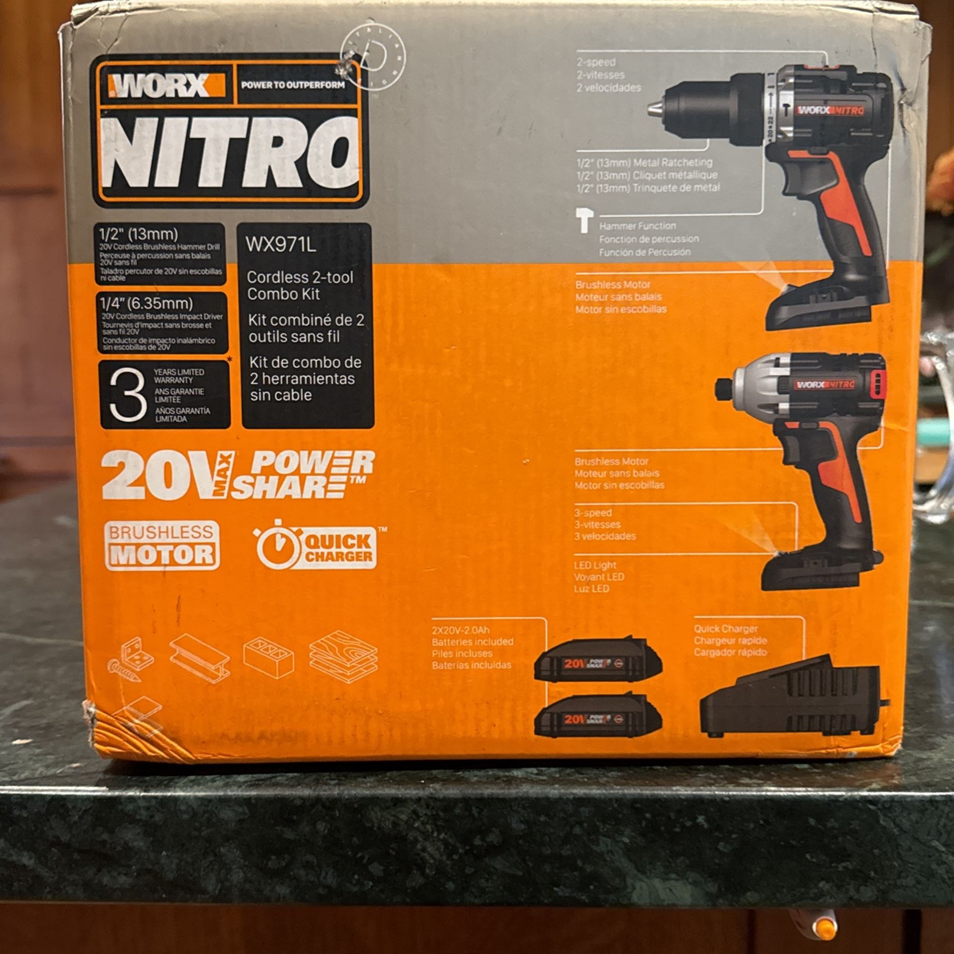 NEW IN UNOPENED BOX Worx WX960L Nitro 20V Cordless Impact Driver & Drill/Driver Brushless Combo Kit