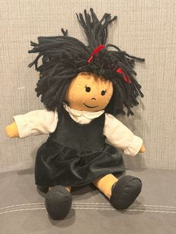 Vintage Cloth Rag Doll Black Yarn Hair Velvet Jumper Dress Soft Toy