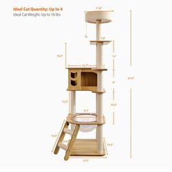 Modern Cat Tree with Acrylic Dome, 56 Inches Wooden Cat Tree No Carpet, Multi-Level Wood Cat Tower with Large Cat Condo, Round Top Perch, Scratching P