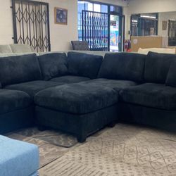 New Black 99x99 Corduroy Sectional Couch With Ottoman / Free Delivery 