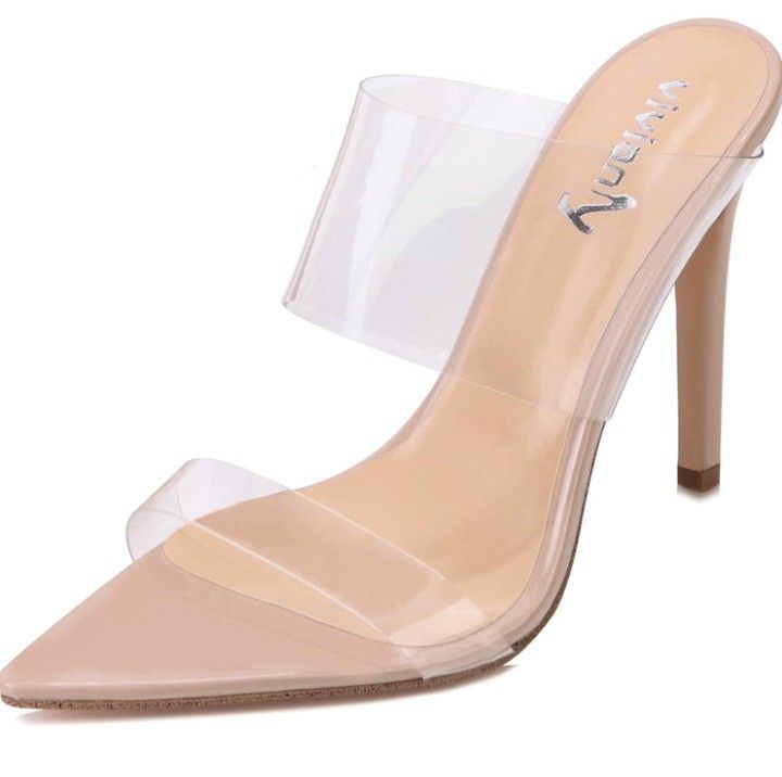 Vivianly Clear Pointed Toe Heels Sandals Transparent Strap Stiletto High Heels Slip on Mules for Women