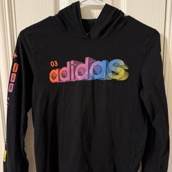 Adidas Youth Medium Long Sleeve Hooded Shirt – Black w/ Multicolor Logo – Excellent Condition 