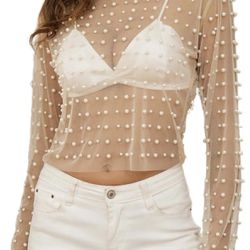 LOFAAC Women Sexy See Through Pearl Rhinestone Beaded Crop Top Y2K Long Sleeve Sheer Mesh Crop Blouse Shirt Clubwear 90s