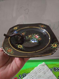 Black Floral Ceramic Serving Plate with Handle