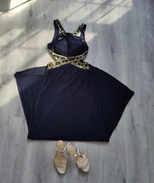 NWOT Navy and Gold Sequin Backless Maxi Formal Dress