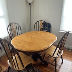 Solid Wood Pedestal Dining Table w/ Leaf & 4 Chairs – Classic Style