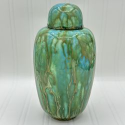 Jar Urn Vintage MADELINE ORIGINALS California Pottery Green Blue Gold Drip Glaze