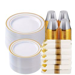 350pcs Gold/White Plates Set (Service 50 Guests), for party And Wedding Event