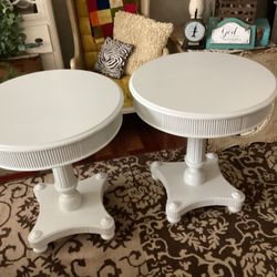 2 Matching around End Tables / Pedestal Base All Wood Painted White 26 Diameter 29Tall 