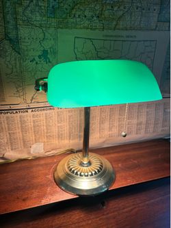 Antique vintage bankers, desk, lamp, green glass