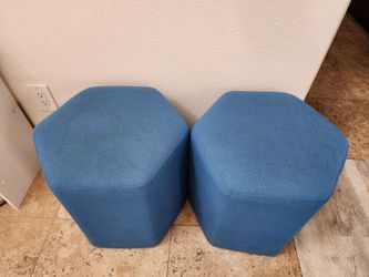 Blue Hexagon Upholstered Ottomans / Footstools - Set of 2