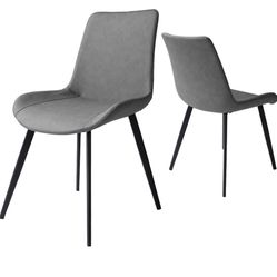 Dining Chairs Set of 2, Modern Kitchen & Dining Room Chairs, Upholstered Faux Leather Cushion Seat and Sturdy Metal Legs (2 Grey Chairs)