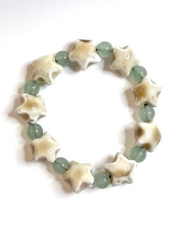 Multi Star Bracelet Sea Glass Blue Green Ceramic Beads Tan Stretchy