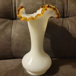 Vintage Fenton Milk Glass Gold Crest Crimped Edge Flower Vase 9" Tall