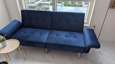 Navy Blue Velvet Tufted Futon Sofa Bed