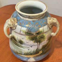 Antique Nippon Porcelain Elephant Head 3 Handled Vase 6”H