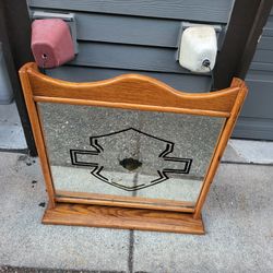 Vintage 1980s Harley-Davidson Wood Framed Wall Mirror, Flying Eagle Bar & Shield Graphic, Biker Garage/Man Cave Decor