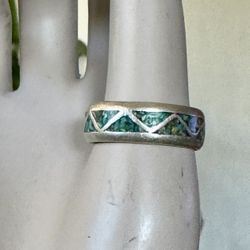 Vintage Sterling Silver Zuni ring Chips Turquoise wedding band Size 10 women / men