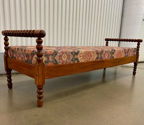 Antique 1800’s Finnish European bobbin turned wood w/ floral tapestry top long bench