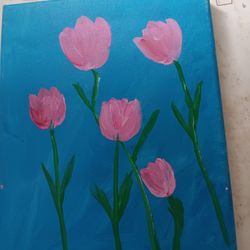 5 Pink Tulips On Canvas 