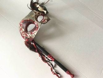 Handheld Stick Venetian Masquerade Mask Half-Face Ball Costume Black Red Silver