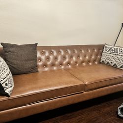 Square Arm Faux Leather Button-Tufted design Tuxedo Rectangle Sofa in Camel