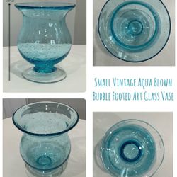 Small Vintage Aqua Blown Bubble Footed Art Glass Vase 
