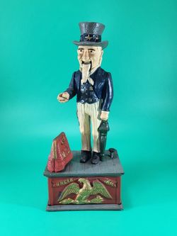 USA 250 Uncle Sam Cast Iron Mechanical Coin Bank - Works Taiwan Reproduction
