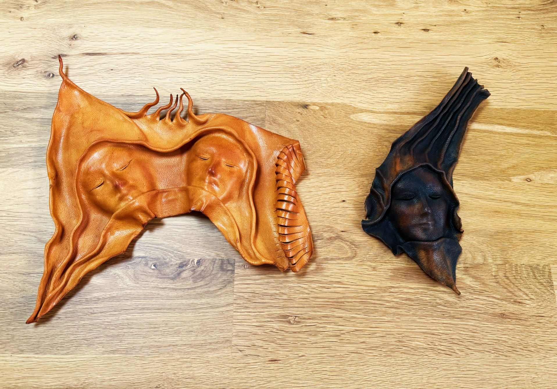 Vintage leather face sculpture wall decor handmade