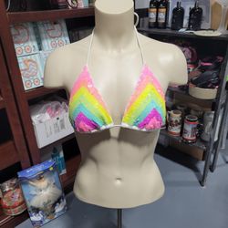 Victoria's Secret Swim Bikini Top  White Rainbow Sequin Stripe Triangle Sz M