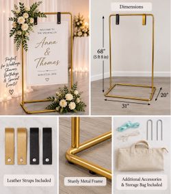 Gold Metal Sign Stand with Leather Straps