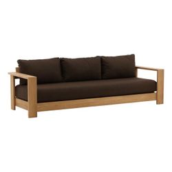 New modern teakwood outdoor sofa, dark brown outdoor sofa performance fabric. Designer outdoor sofa