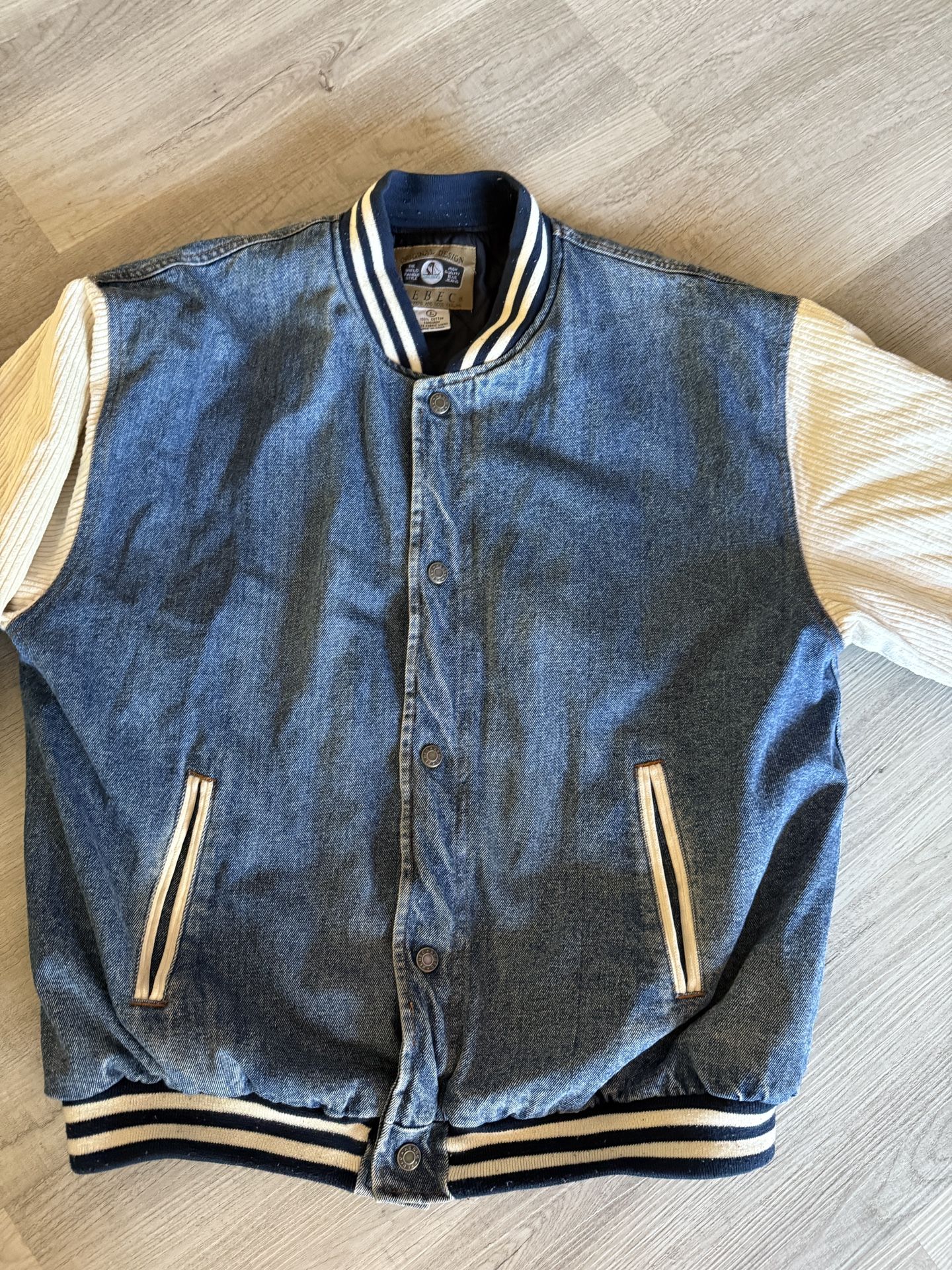 Xebec Vintage Denim And Corduroy Varsity Bomber Jacket LARGE Insulated EC