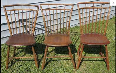 Set of 3 Antique Vtg Hand Carved Faux Bamboo Wood Windsor Dining Chairs