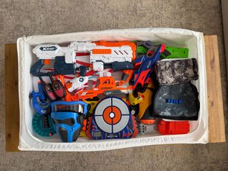 HUGE Nerf Battle Lot – 10+ Blasters, 3 Tactical Masks, Vest, Target, Walkie Talkies, 250+ Darts
