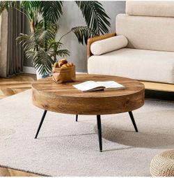 Round Coffee Table Rustic Wooden Grain and Black Metal Modern Coffee Table,31 Inch Industrial Style Round Wood Grain Top